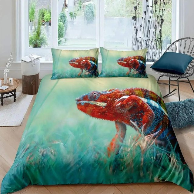 Chamäleon Bettbezug-Set mit 3D Wildtier-Design für Einzelbetten, Farbe Grün, Material Polyester, B/H: 133 x 70 cm - Bild 1