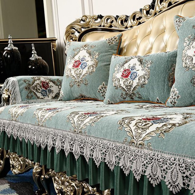 BC-Warm Home Luxus Chenille Sofaüberwurf mit floralem Design in Blau, B/B: 90 x 90 cm - Bild 1