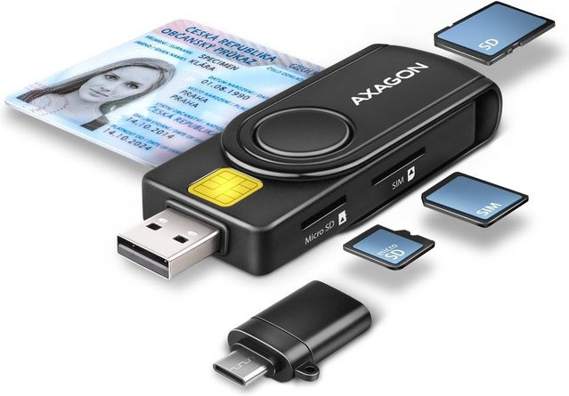 AXAGON CRE-SMP2A Smart Card Reader mit SD, microSD und SIM Slot in Schwarz mit USB-A Anschluss - Bild 1