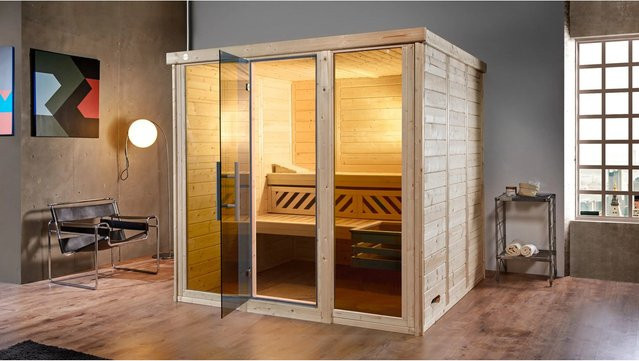 Weka Massivholzelementsauna Kemi Panorama 3 in Braun mit 7,5 kW BioSauna-Ofen, Glastür und Fenstern - Bild 1