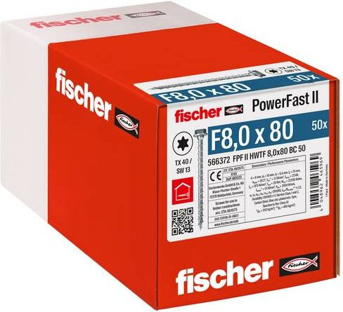 Fischer PowerFast II Sechskant-Holzschraube, Durchmesser: 8 mm, Länge: 80 mm, Stahl galvanisch verzinkt, Silber, 50 Stück - Bild 1