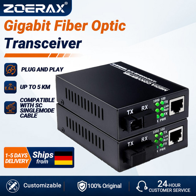 ZoeRax SFP+ Glasfaser-Medienkonverter Set, SC Singlemode zu 10/100/1000M Gigabit RJ45 Ethernet LAN Adapter, Schwarz - Bild 1