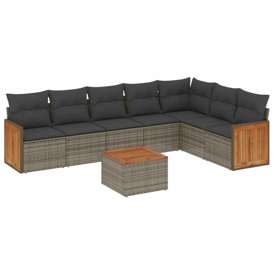 vidaXL 8-tlg Garten-Sofagarnitur in L-Form aus Polyrattan und Akazienholz mit Kissen in Grau - Bild 2