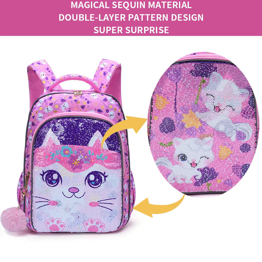 3-teiliges Rucksack-Set für Mädchen von BLING BABIES in Pink mit Cartoon-Kitty-Design, Pailletten und leuchtenden Elementen inklusive Lunchbox und Stifttasche - Bild 3