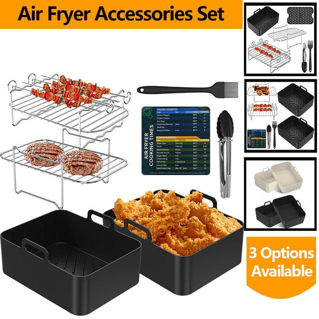 Willstar Zubehör-Set für Luftfritteusen mit Silikonmatte, Edelstahl-Rack, Grill-Clip und Silikonbürste in Grau und Schwarz - Bild 1