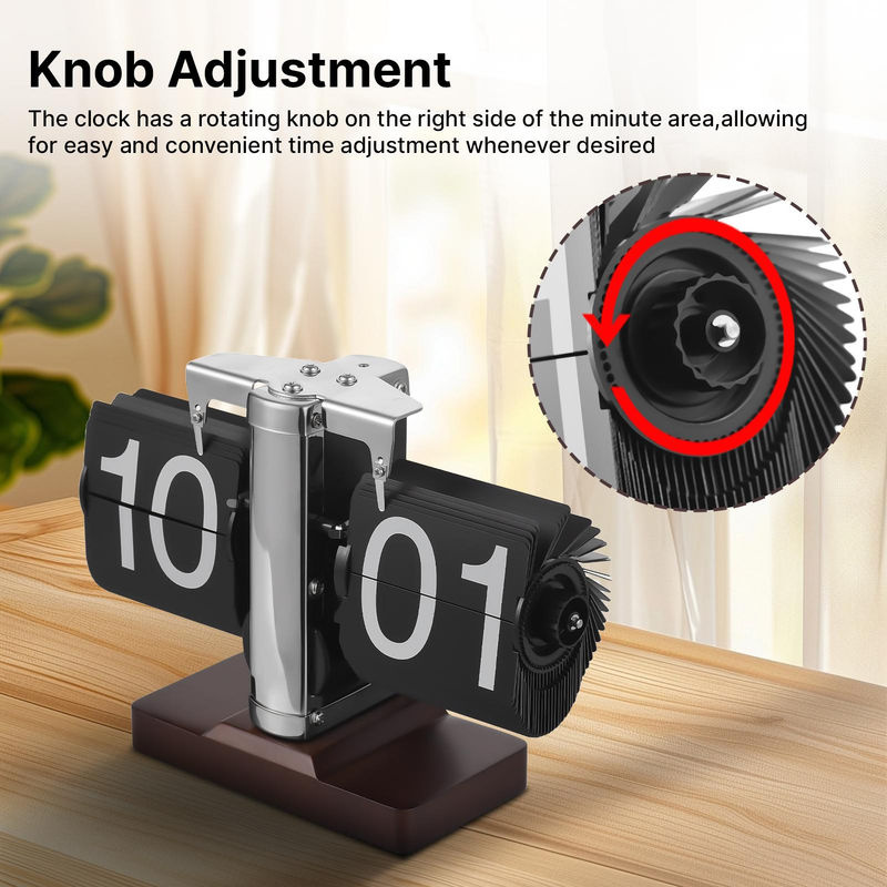 Tooarts Vintage Schreibtisch-Klappuhr Digital, Mechanische Tischuhr aus Edelstahl und Holz in Schwarz, B/T/H: 20,5 x 20,5 x 20,5 cm - Bild 6