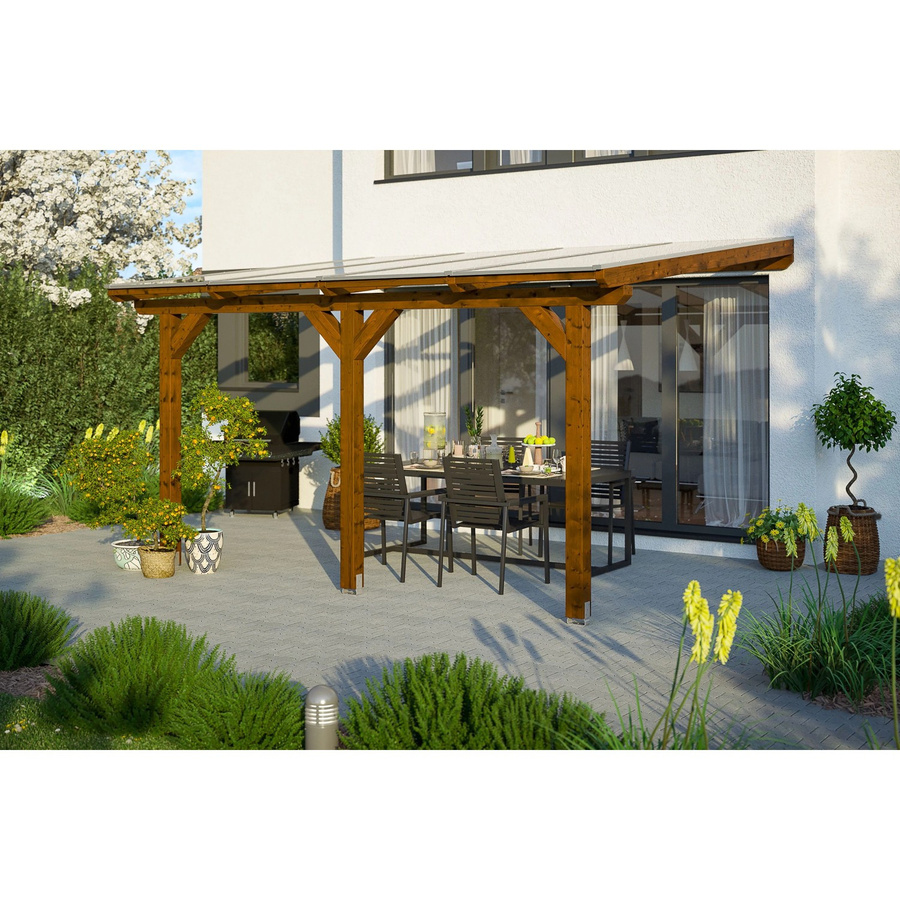 Skan Holz Terrassenüberdachung Andria aus Leimholz in Nussbaum Braun mit Polycarbonat-Dach B: 434 cm, T: 350 cm - Bild 2