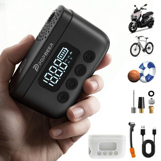 POPDEER P-T01 Mini Tragbare Elektrische Pumpe für Fahrrad und Motorrad, 150PSI, Schwarz, mit Presta- und Schrader-Ventil, 1000mAh Akku, Licht & LCD-Display - Bild 1