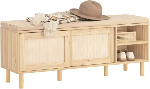 SoBuy Sitzbank mit Stauraum und Schuhregal aus Bambus in Natur und Beige, FSR163-N, B/T/H: 121 x 35 x 35 cm