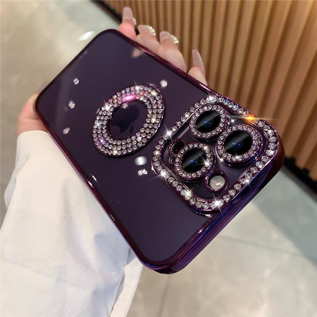 Yiran Luxus Glitzer Handyhülle mit Strass und Diamant Objektivabdeckung für iPhone 16 Pro Max, 15, 14, 13, 12, 11 und Plus Modelle in Transparent Purple - Bild 1