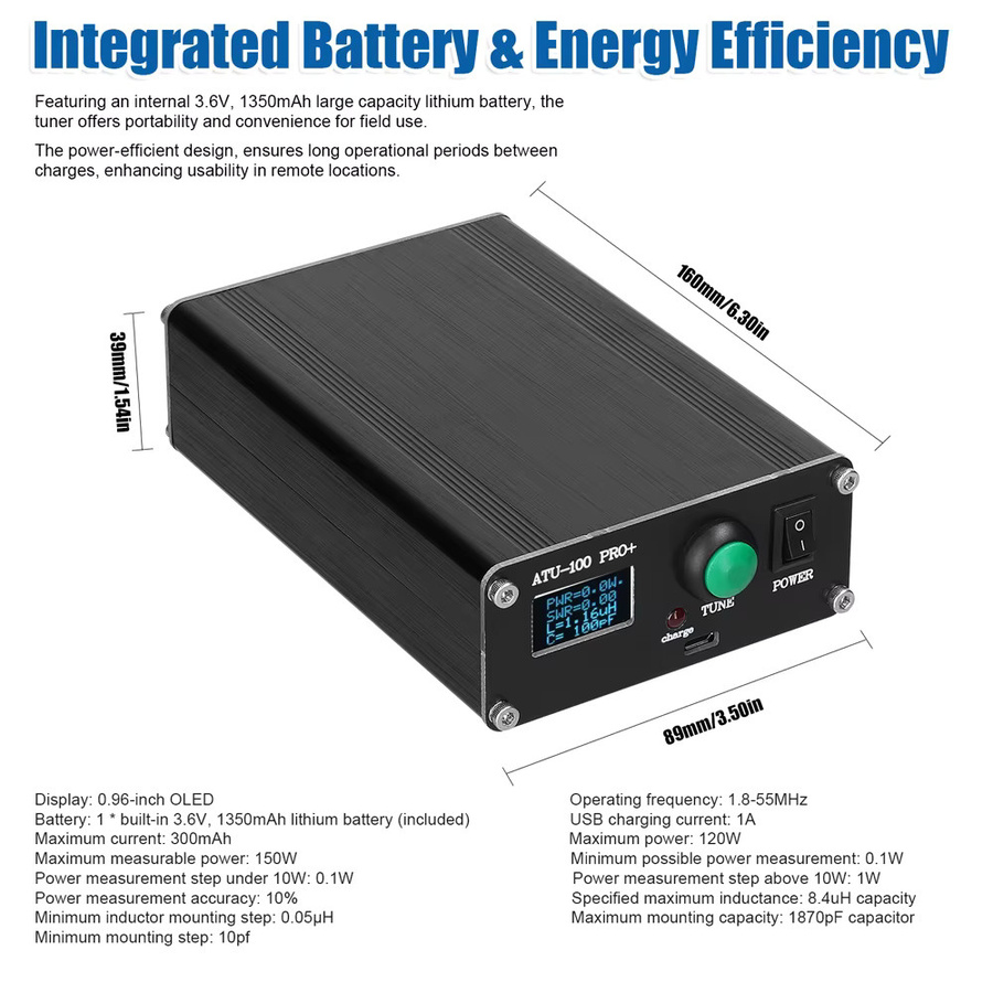 JANCORE ATU-100 Pro+ Automatischer Antennentuner 100 W 1,8–50 MHz mit OLED-Display und wiederaufladbarem Akku in Schwarz - Bild 5