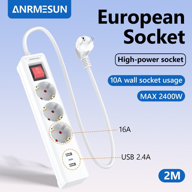 JINGMIN Steckdosenleiste mit 2 m Verlängerungskabel in Weiß mit 3 Steckdosen, 2 USB-Anschlüssen und 1 Typ-C-Anschluss - Bild 1