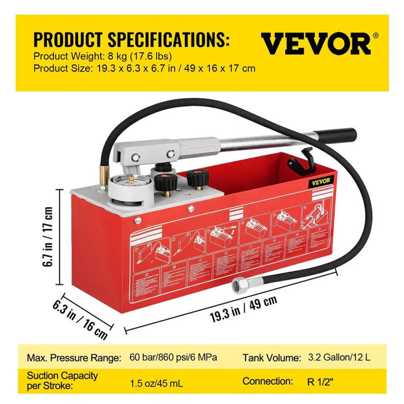 Buying Solutions MB Hydrostatische Druckprüfpumpe in Rot mit 12,1-Liter-Tank für Tests bis 60 bar/860 psi, manuelles hydraulisches Wasserdruckprüfgerät-Kit mit Dreifach-Manometer und R 1/2 Anschluss - Bild 4