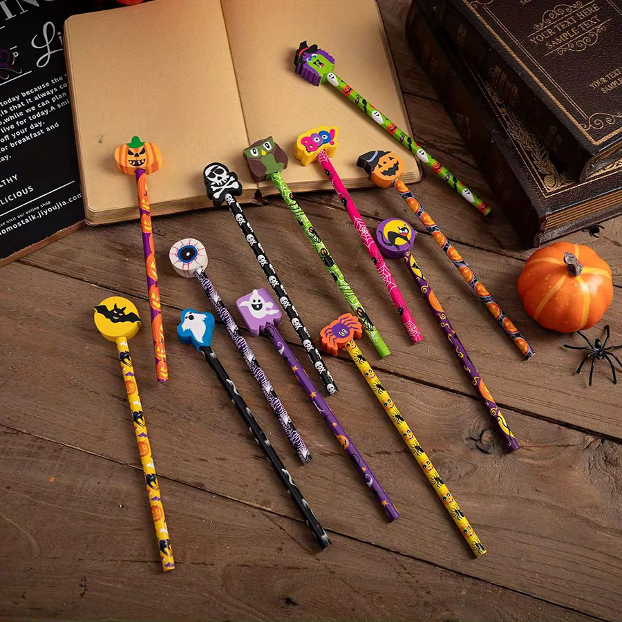JXB Halloween Bleistift-Set mit Motiv-Radiergummis in Geister Kürbis Spinnen Fledermaus Zauberer Katze, 8 Stück, Mehrfarbig - Bild 4