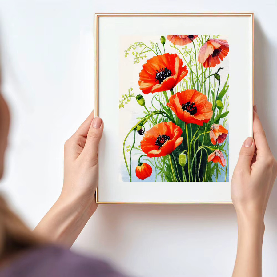 HUACAN Diamantmalerei Set Mohnblumen 5D DIY Mosaik Stickerei in Rot mit runden Steinen B/H: 30 x 20 cm - Bild 3