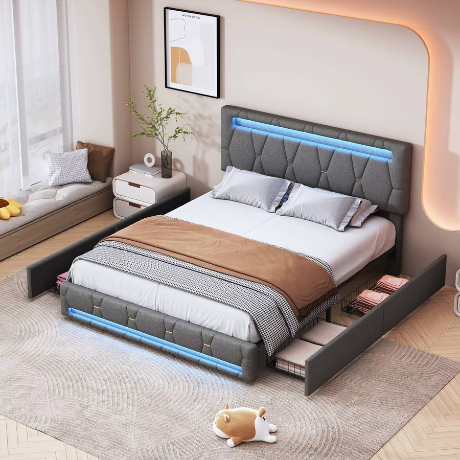 Gepolstertes Doppelbett mit LED-Beleuchtung und Schubladen in Grau, B/T: 160 x 200 cm - Bild 3