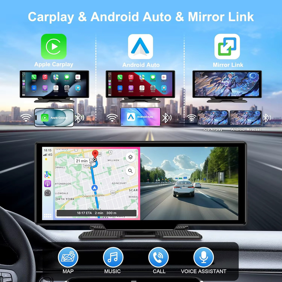 Srnubi 10,26 Zoll Carplay und Android Auto Monitor mit 4K Dashcam, Multimedia Player und Rückfahrkamera in Schwarz - Bild 3