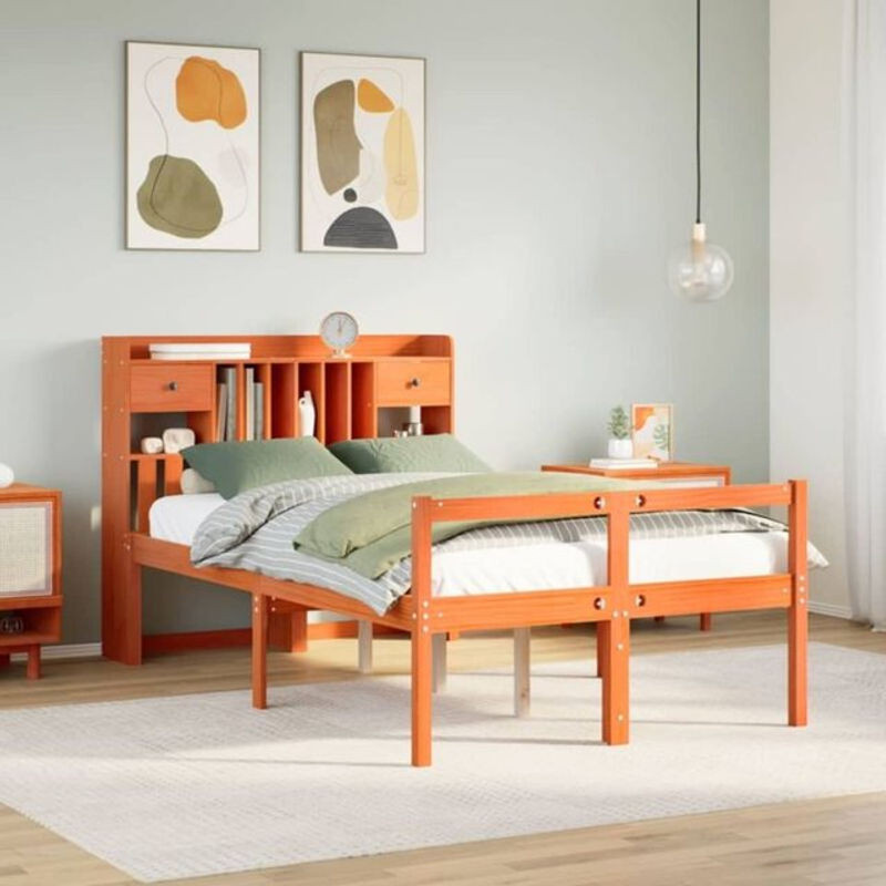 Massivholzbett aus Kiefer mit Regal von Vidaxl, Farbe Braun, B/T/H: 135 x 190 cm - Bild 1
