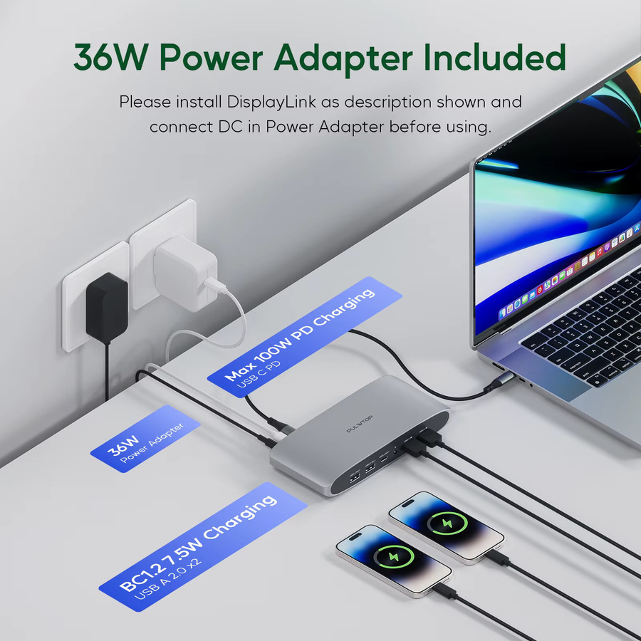 PULWTOP 14-in-1 USB-C DisplayLink Dockingstation in Grau mit 2 HDMI 4K UHD bei 60 Hz, DisplayPort, PD, USB-C Daten, 4 USB-A und Ethernet - Bild 5