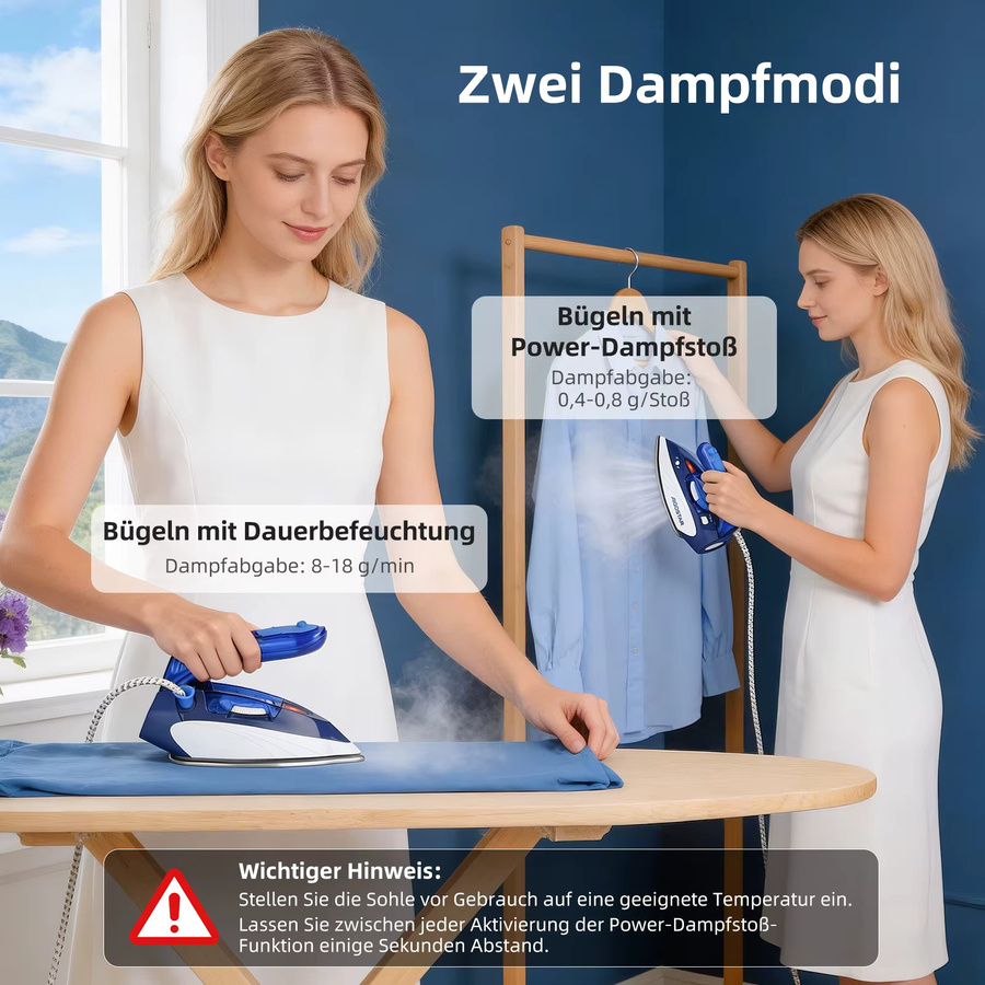 Aigostar Reise-Dampfbügeleisen in Blau mit 1100W, faltbarer Griff, 80ml Wassertank und mehreren Temperaturstufen - Bild 6