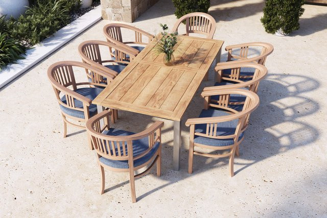 OUTFLEXX Garten-Essgruppe aus Edelstahl und recyceltem Teakholz in Grau mit 8 Armlehnensesseln und Polstern, ausziehbar, B/T: 200 bis 260 x 100 cm - Bild 1