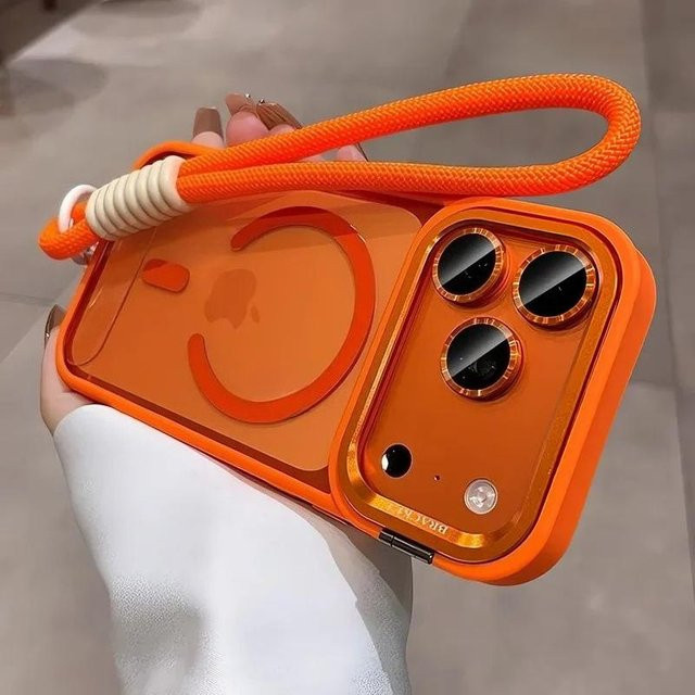 Tuiying002 MagSafe Handyhülle für iPhone mit Kamerahalterung, Objektivschutz und Handgelenkband, transparent oder orange - Bild 1