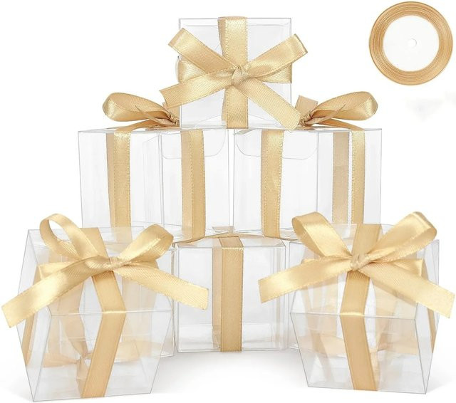 50 Stück transparente Kunststoff-Geschenkboxen mit goldenem Band für Hochzeits- und Partygeschenke - Bild 1