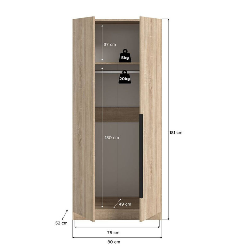 Kleiderschrank KOPENHAGEN von xonox.home in Eiche Sonoma Nachbildung, Farbe Braun/Beige, B/H/T: 80 x 180 x 52 cm - Bild 2