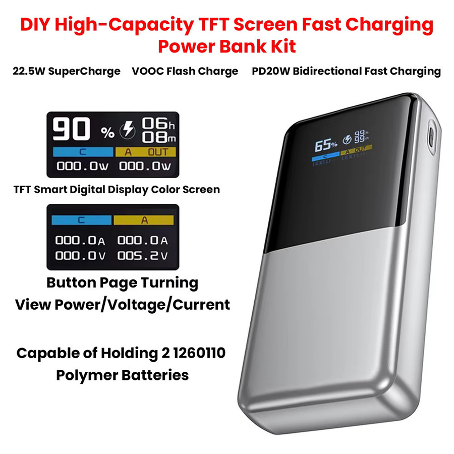 diymore Powerbank-Gehäuse mit 22,5W Schnellladung und TFT-Farbdisplay-Modul, 3,7V Lithium-Batterie Motherboard-Kit in Silber - Bild 2