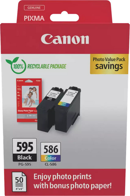 Canon Tintenpatronen Set PG-595 und CL-586 mit Fotopapier für PIXMA TS7550i, TS6550i, TS4150i und TS4151i, Schwarz, Cyan, Magenta, Gelb - Bild 1