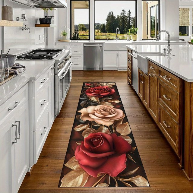VIKAMA Premium Teppich mit Rosenmuster in Rot für Wohnzimmer, Schlafzimmer oder Küche - Bild 1
