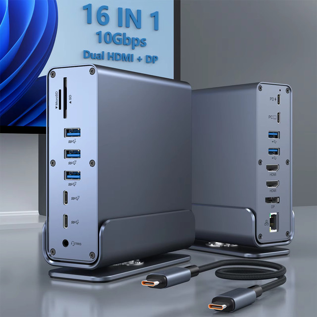 FC&EC 15 in 1 USB-C Dockingstation Hub in Grau mit 4K@60Hz HDMI, DisplayPort, USB-A, RJ45, SD/TF und Audio-Port für Macbook Pro und Laptop - Bild 1