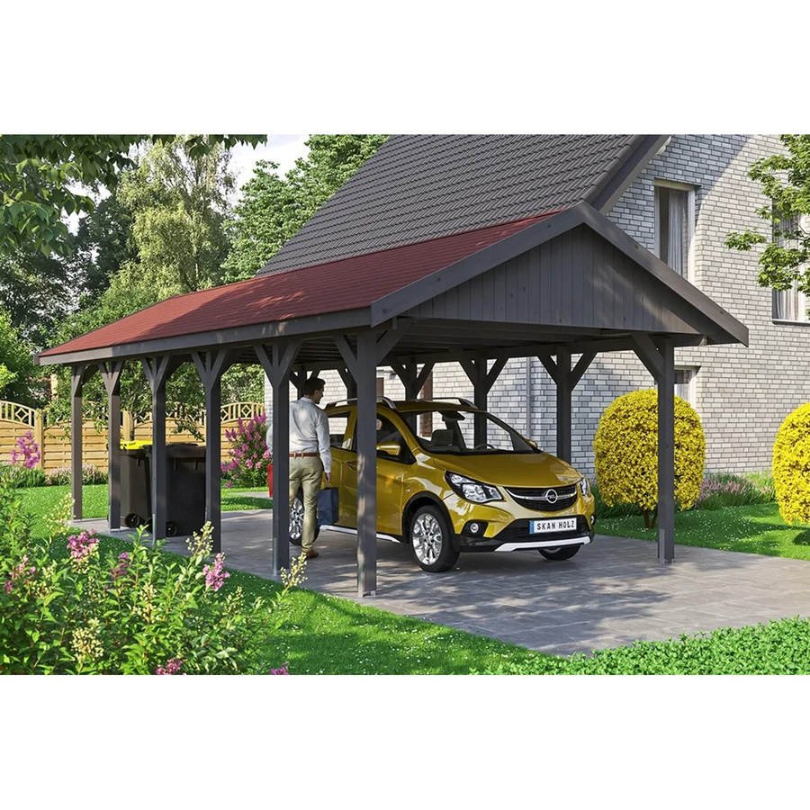 Skan Holz Carport Wallgau Satteldach aus Nadelholz in Schiefergrau mit B/T: 430 x 900 cm und einer Firsthöhe von 326 cm - Bild 2