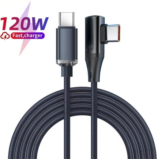 USB-C Schnellladekabel mit 120 W und 90 Grad Winkel für PD Schnellladung, Schwarz - Bild 1