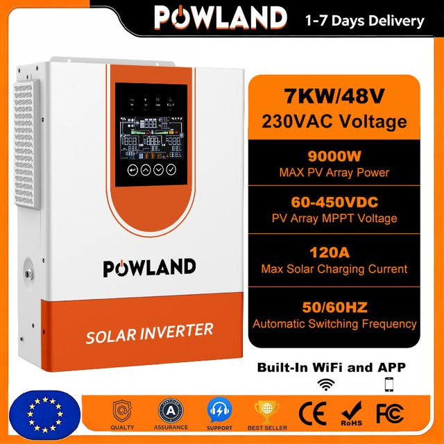 POWLAND Hybrider PV-Wechselrichter 7000W 48V mit 120A MPPT-Laderegler, 230V Reiner Sinus, unterstützt batterielosen Betrieb und Doppel-AC-Ausgang, Weiß - Bild 1