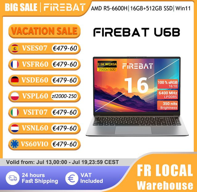Firebat U6B Laptop mit AMD R5 6600H, 16GB DDR5, 512GB SSD, 16 Zoll 2,5K 120Hz IPS Display, Windows 11, Type-C und WIFI6 Notebook - Bild 1