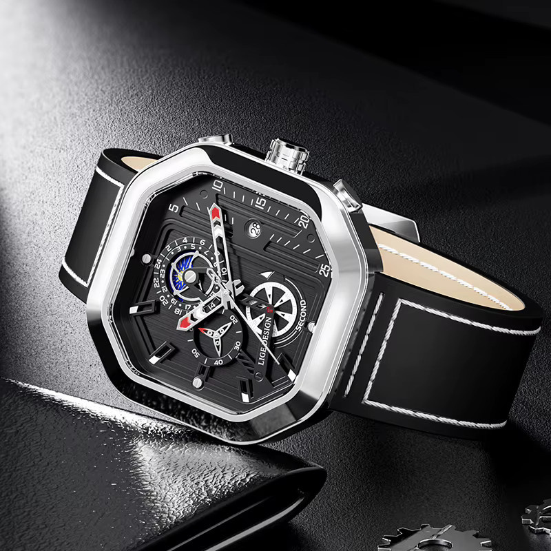 LIGE Armbanduhr Chronograph, Quarz, eckig, Schwarz, Leder, Herren - Bild 3