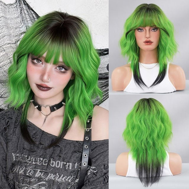 7JHH WIGS Perücke, schulterlange Wasserwellen, grün, Ombre schwarz, Damen - Bild 1
