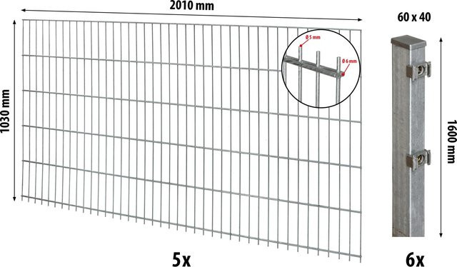 Floraworld Doppelstabmatten-Zaunset aus Stahl mit Pfosten, verzinkt, Farbe: Silber/Grau, Höhe: 103 cm, Breite: 1000 cm - Bild 1