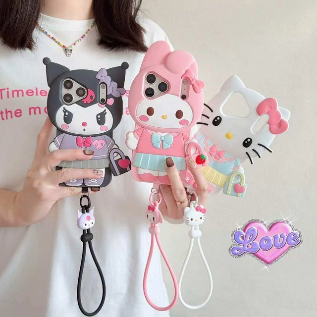 Hello Kitty und Kuromi 3D-Cartoon Silikon-Handyhülle mit Schlaufe für Apple iPhone 17 16 15 14 13 12 11 Pro Max, Multicolor - Bild 1