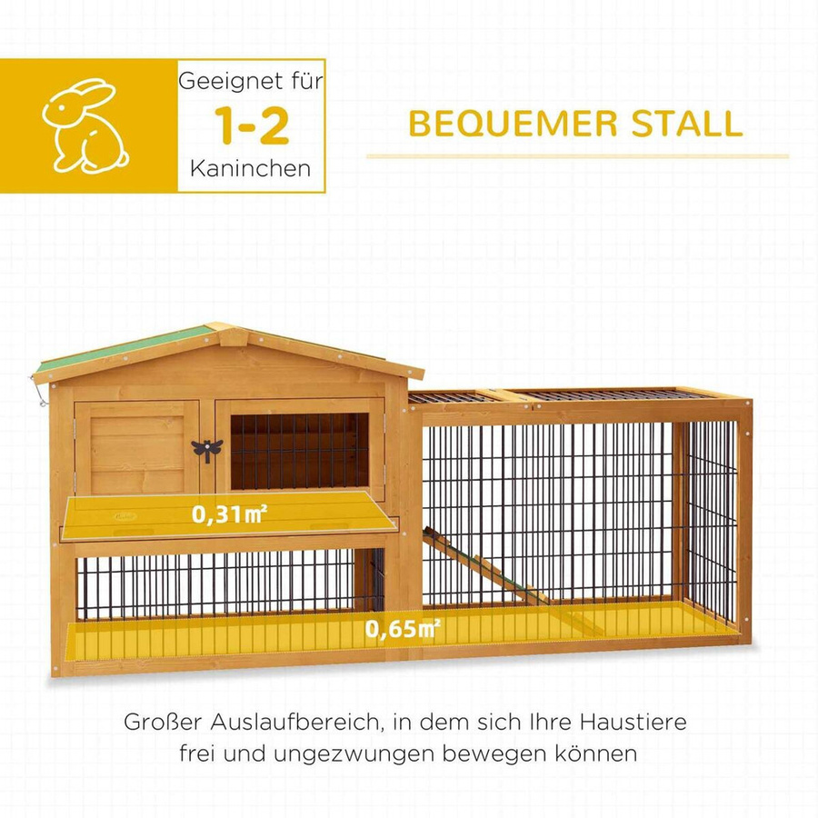 PawHut Kaninchenstall aus Tannenholz in Gelb mit 2 Ebenen, wetterfestem Doppelstockhaus und Freilaufgehege für Hasen, Kaninchen und Meerschweinchen, B/T/H: 150 x 52 x 68 cm, Aosom - Bild 3