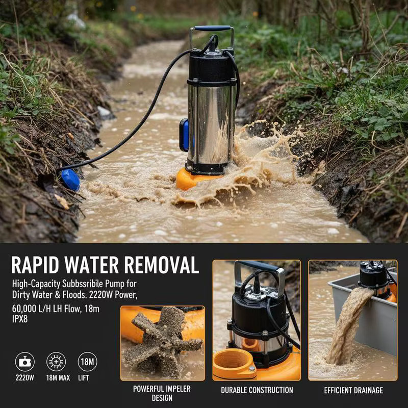 Schmutzwasserpumpe mit variablem Schwimmerschalter, 2200W Tauchpumpe in Weiß, Förderleistung 60000L/h, maximale Förderhöhe 18m, IPX8 Wasserpumpe für den Garten - Bild 4