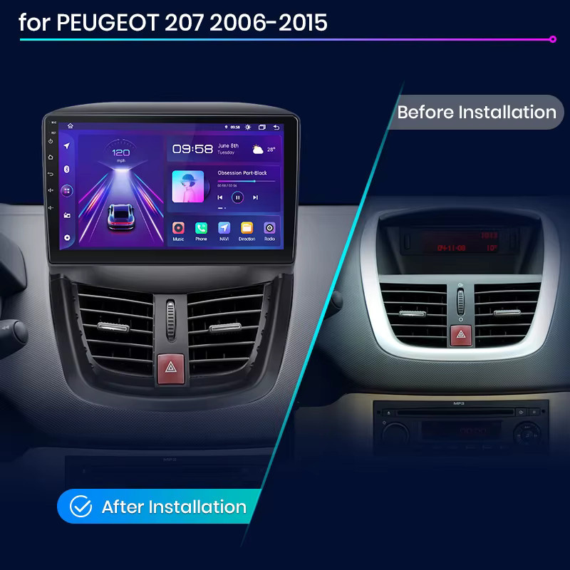 Junsun Android 13 Autoradio für PEUGEOT 207 (2006-2015) mit 9 Zoll Display, 4GB RAM, 64GB Speicher, GPS, Carplay, Bluetooth, DSP und Rückfahrkamera Unterstützung, Schwarz - Bild 2