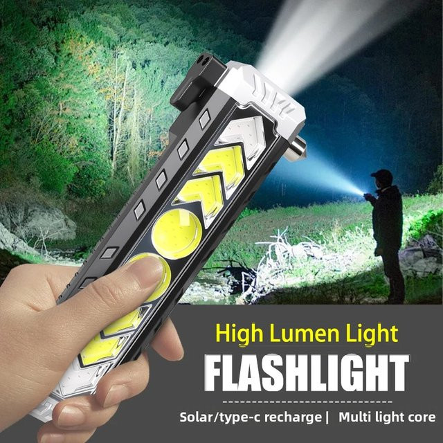 XIWANGFIRE EDC-Taschenlampe in Schwarz, solarbetrieben und wiederaufladbar, wasserdichte LED-Arbeitslampe mit Magnet, COB-Licht, Fensterbrecher und Cutter für Camping und Wandern - Bild 1