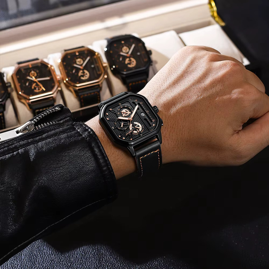 POEDAGAR Chronograph, Quarz, Leder, Schwarz, Herren - Bild 4