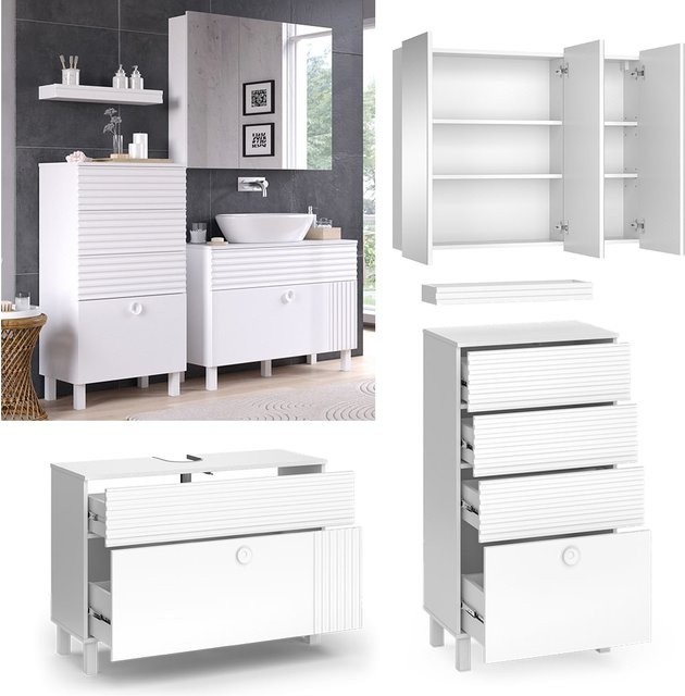 Vicco Badmöbel-Set Sola Weiß matt bestehend aus Waschtischunterschrank, Spiegelschrank und Midischrank - Bild 1