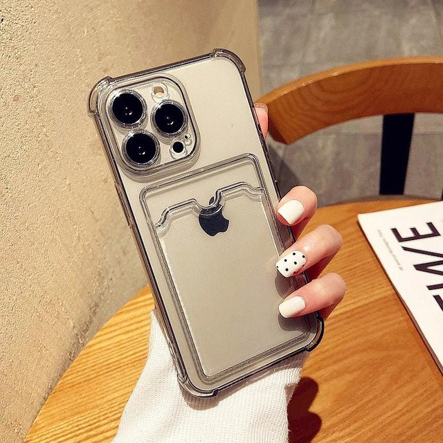Stoßfeste Silikon Handyhülle mit Kartensteckplatz für Apple iPhone 17 16 15 14 13 12 11 Pro Max Plus in Grau Transparent - Bild 1