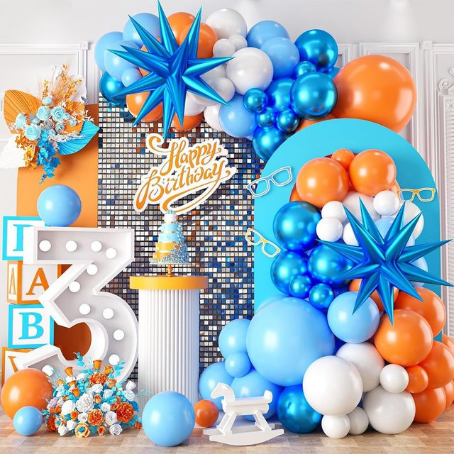 YAYB 107-teiliges Ballonbogen-Girlanden-Set in Blau, Orange und Weiß für Weltraum-Themen, Babypartys, Geburtstage oder Abschlussfeiern - Bild 1