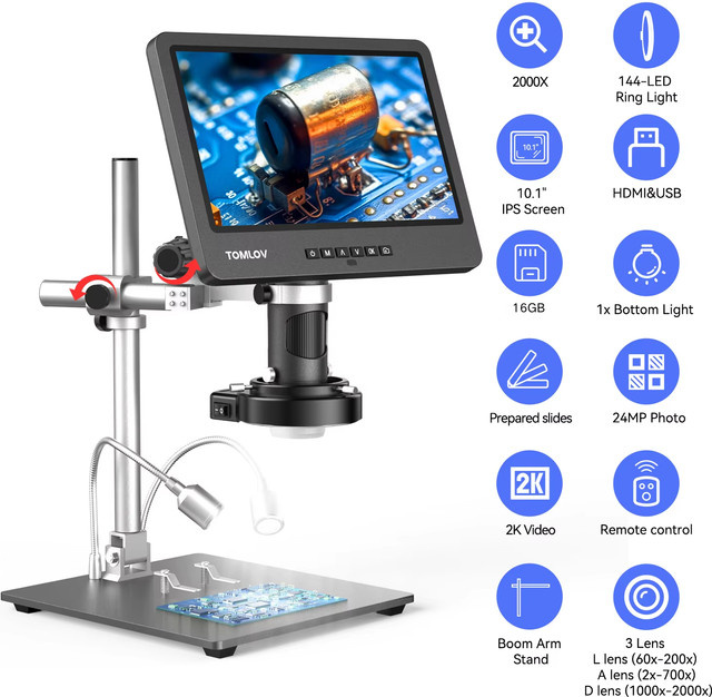 TOMLOV DM602 Pro Digitales HDMI-Mikroskop mit 10,1 Zoll IPS LCD, 2000X Vergrößerung und 3 Linsen in Schwarz für PCB-Lötarbeiten und Handy-Reparatur - Bild 1