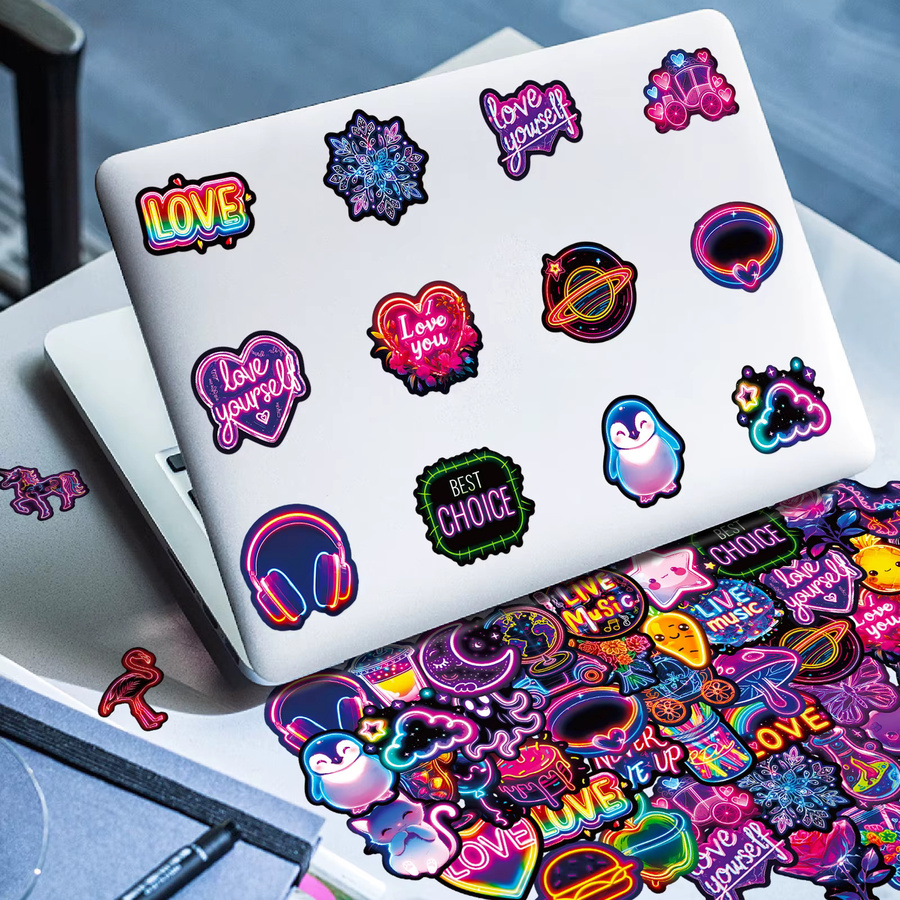 50er-Pack wasserfeste Aufkleberbögen mit Neon-Glüh-Designs in Multicolor für Gepäck, Skateboard und Kühlschrank - Bild 2